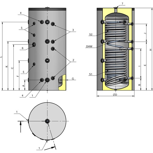 Eldom 500 liter combi hygiene buffertank met 1 RVS en 2 reguliere warmtewisselaars