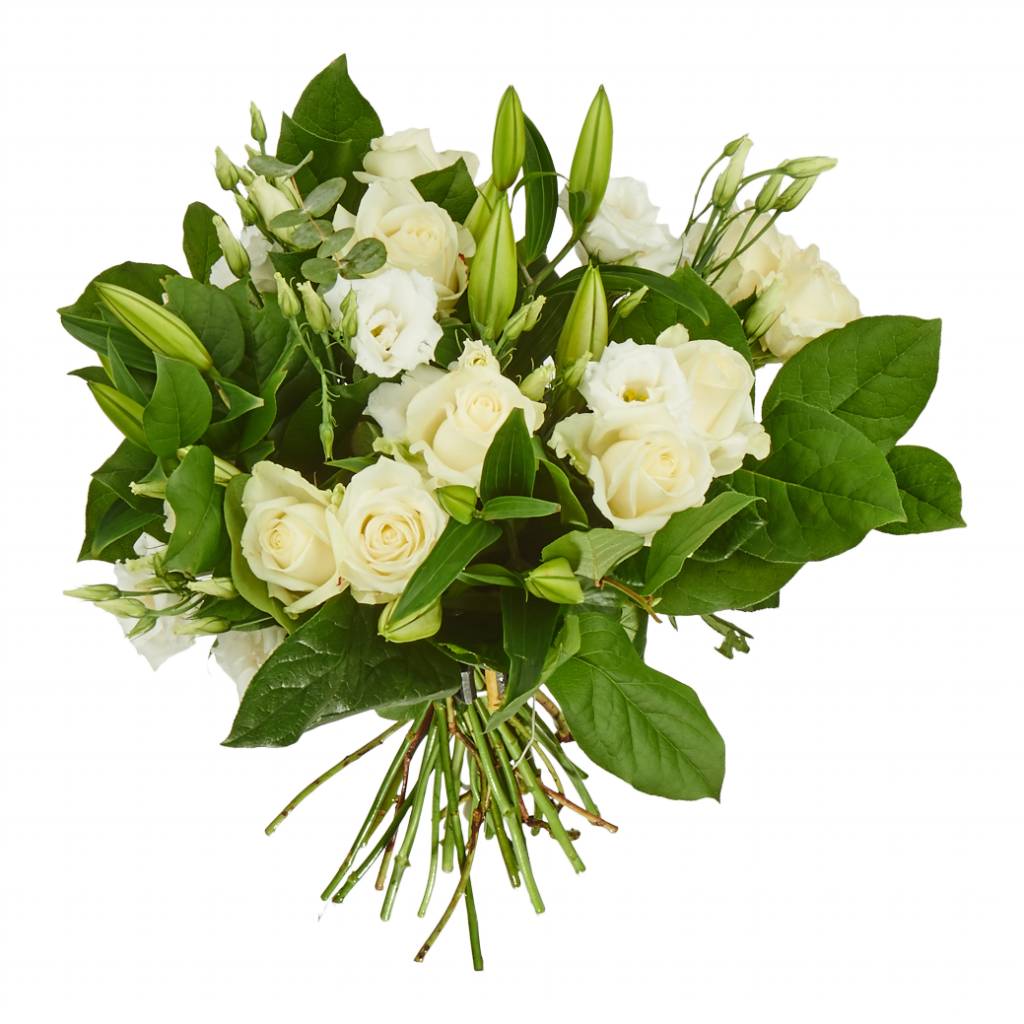 Boeketten.nl | Boeket bloemen Rowena: wit boeket met oa. rozen en anjers  bestellen en laten bezorgen online Bloemen Bestellen