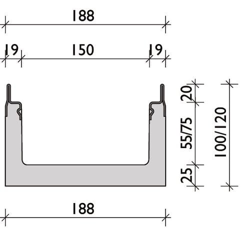 BG-Graspointner Roostergoot 150mm breed. Pro V150/120. L=1m. E600KN. Onderafvoer 160mm