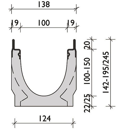 BG-Graspointner Grate channel BG-FILCOTEN® Pro V100 / 5. L = 1m. Class E, 600KN. Bottom outlet 110mm