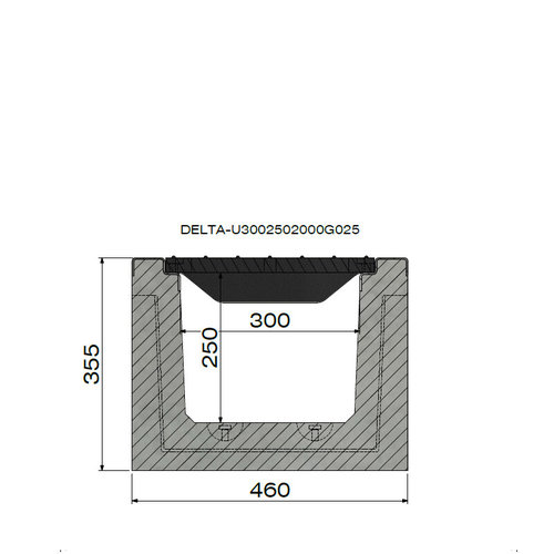 Delta Beton-Entwässerungsrinne Delta-U 3025. Klasse F, 900KN. Eingefügtes Raster. L=1m