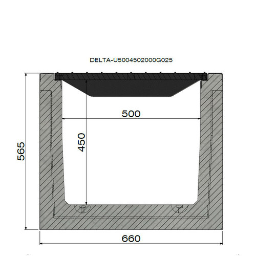 Delta Beton-Entwässerungsrinne Delta-U 5045. Klasse D, 400KN. Eingefügtes Raster. L=1m