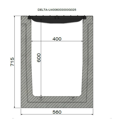 Delta Beton-Entwässerungsrinne Delta-U 4060. Klasse F, 900KN. Eingefügtes Raster. L=1m