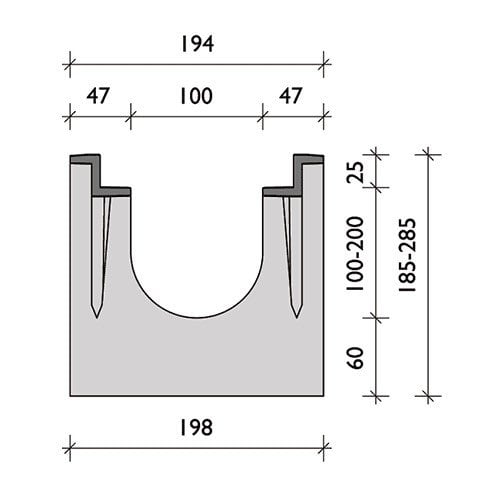 BG-Graspointner Afvoergoot 200mm breed. BGZ S G200/5. L=1m. F900KN. Onderafvoer 200mm