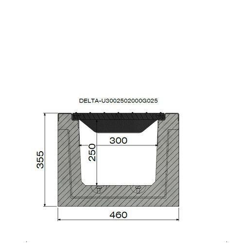 Delta Betongitterrinne Delta-U 3030. Klasse F, 900KN. Eingelassenes Gitter. L=3m