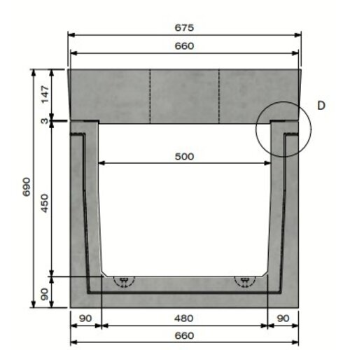 Delta Betonnen kabelgoot Delta-T 5045. Klasse D, 400KN. Opliggend deksel. L=1m