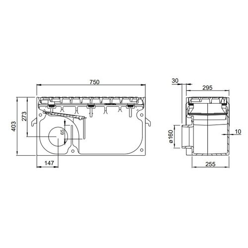 DWTN - Diederen Water Techniek Nederland Gietijzeren straatkolk 3040LP1. PVC zijuitlaat 160. lxbxh=750x295x403mm