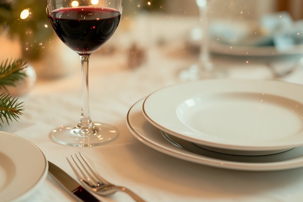 rode wijn op tafel met borden in een kerstsfeer