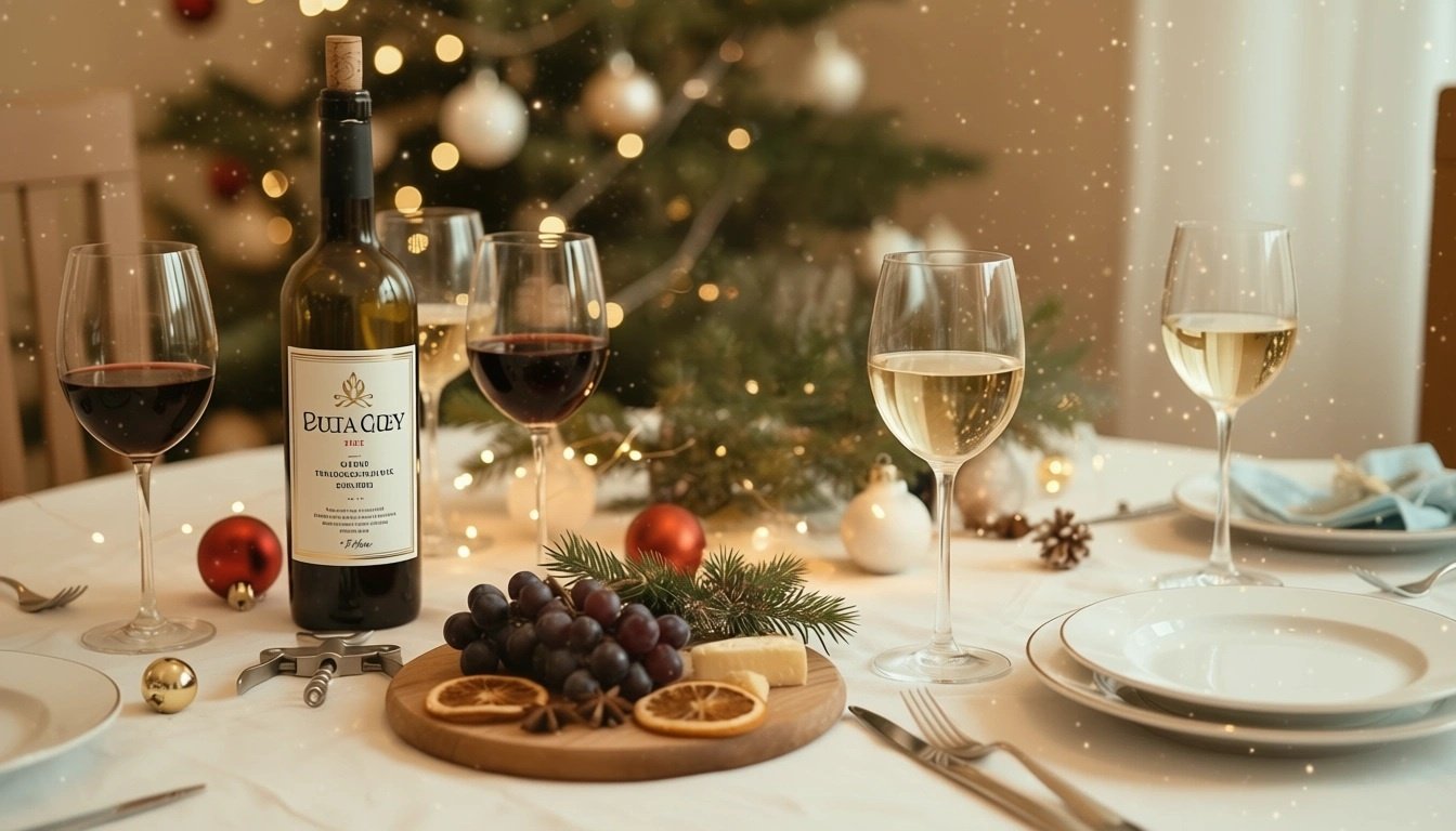 tafel voor kerst met verschillende glazen wijn en een fles wijn