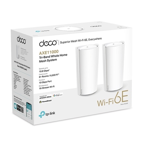 TP-Link AXE11000 Whole Home Mesh Wi-Fi 6E System(Tri-Band) SPEED: 1148 Mbps at 2.4 GHz + 4804 Mbps at 5 GHz + 4804 Mbps at 6 GHz SPEC: 16x Internal Antennas 1x 10 Gigab