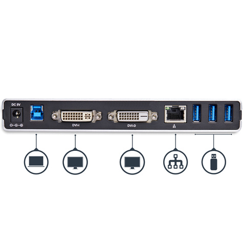 STARTECH Dual-monitor USB 3.0 docking station - DVI - voor Mac  Windows - inclusief VGA en HDMI adapters - 2x laad poorten - Dockingstation - USB - DVI - 1GbE - voor P/N: ARMBARDUO, ARMDUAL, ARMDUAL30, ARMSLIMDUO, TB33A1C