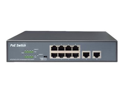 DIGITUS 8-poorts Fast Ethernet PoE netwerkswitch, desktop, onbeheerd, 2 uplinkpoorten RJ45,120 W, af/at