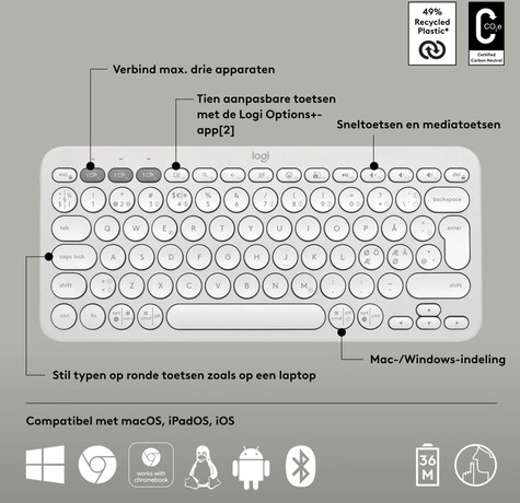Logitech Pebble Keys 2 K380s - Toetsenbord - draadloos - Bluetooth LE - QWERTY - VS internationaal - wit getint