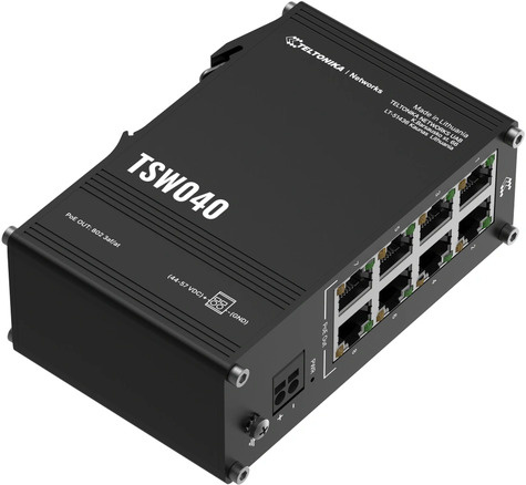 Teltonika The TSW040 is an unmanaged 8-port PoE+ switch by Teltonika featuring eight RJ45ports with a total power budget of 240 W or up to 30 W per port.