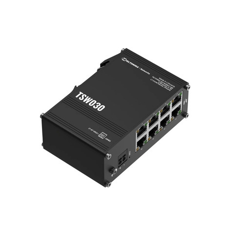 Teltonika The TSW030 is a cost-efficient unmanaged Ethernet switch featuring eight 10/100RJ45 ports and integrated DIN rail mounting.