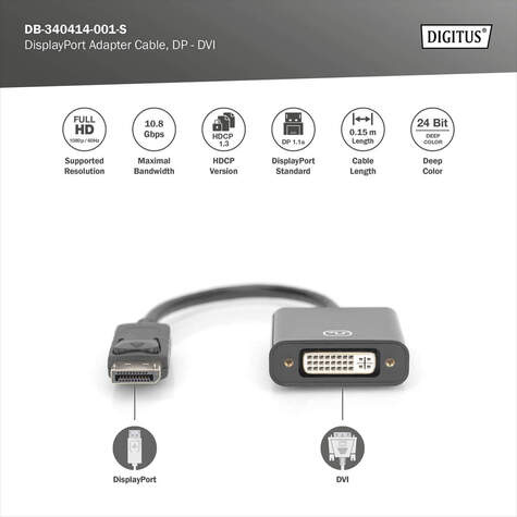 DIGITUS Actieve DisplayPort adapter / converter, DP naar DVI - 15 cm