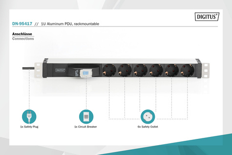 DIGITUS Stekkerdoos 19" Alu 6-Voudig 1 U