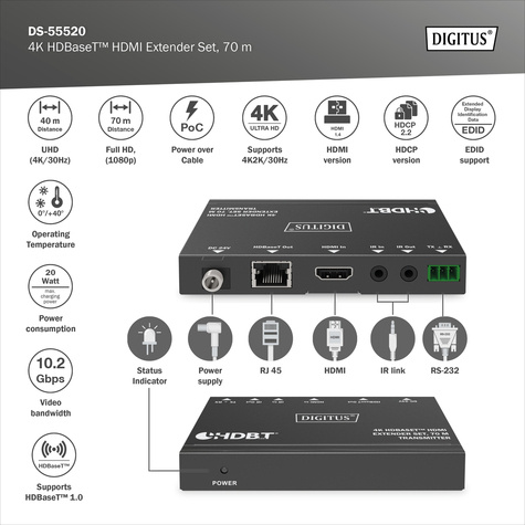 DIGITUS 4K HDBaseT HDMI Extender Set, 70m