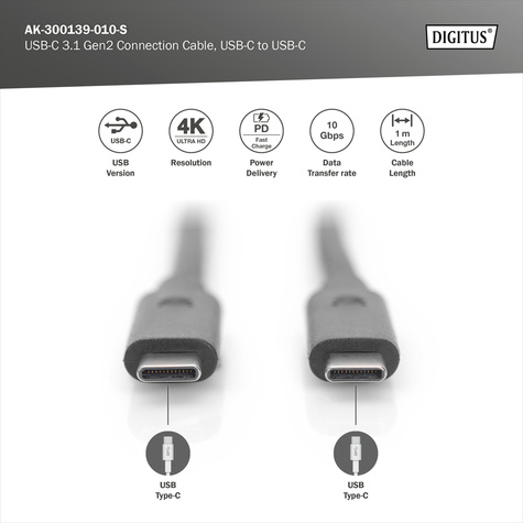 DIGITUS USB 3.1 aansluitkabel type C -C St/St 1.0m, zw