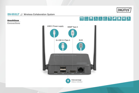 DIGITUS Wireless Collaboration System - 2 Transmitters + 1 Receiver - wireless video/audio extender - 802.11a, 802.11b/g/n, Wi-Fi 5