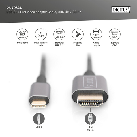 DIGITUS USB-C > HDMI Video-Adapterkabel UHD 4K / 30 Hz - 1,8 m