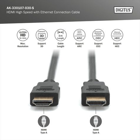 DIGITUS HDMI-Kabel A->A Ethernet  St/St  3.0m Zwart goud