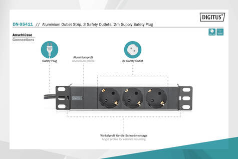 DIGITUS Stekkerdoos met aluminium profiel, 3-voudige contactdoos met randaarde, 2 m kabel met randaarde stekker