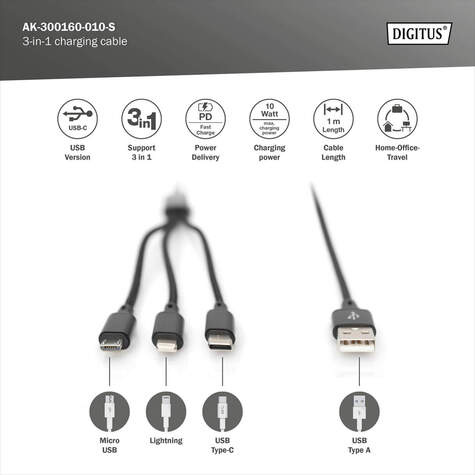 DIGITUS 3-in-1 Oplaadkabel USB A > Lightning, Micro USB, USB-C
