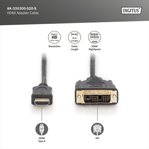 DIGITUS HDMI-adapterkabel HDMI->DVI Full-HD 2m zwart