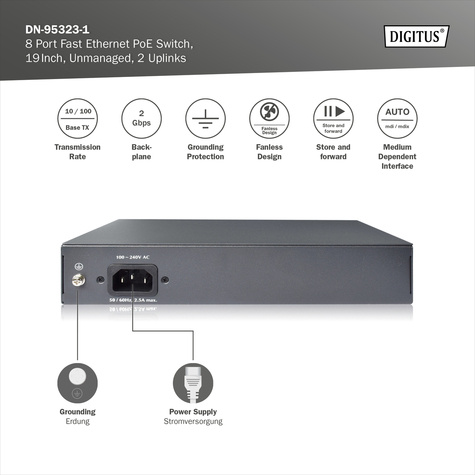 DIGITUS 8-poorts Fast Ethernet PoE netwerkswitch, desktop, onbeheerd, 2 uplinkpoorten RJ45,120 W, af/at