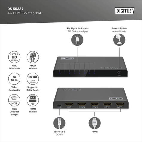 DIGITUS 4K HDMI Splitter 1 Input > 4 Output
