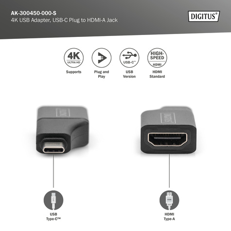 DIGITUS 4K USB-adapter, USB-C/connector naar HDMI A/bus