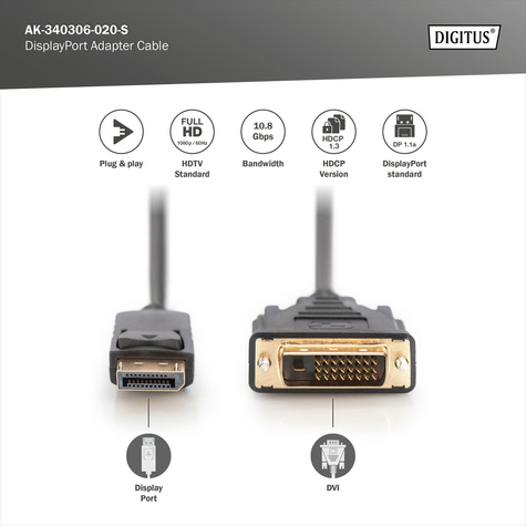 DIGITUS DisplayPort Adapterkabel DP-HDMI Type A St/Bu - 0.15m