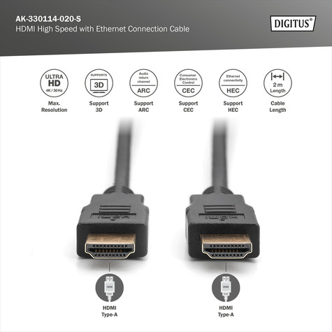 DIGITUS HDMI High Speed with Ethernet Connecting Cable - HDMI Type-A Male/HDMI Type-A Male - 2 m