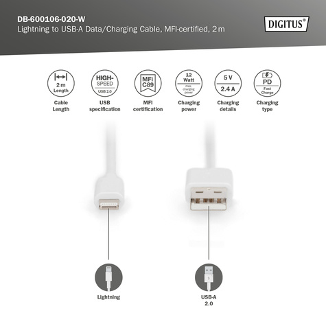 DIGITUS Lightning op USB-A data-/laadkabel, MFI-gecertificeerd