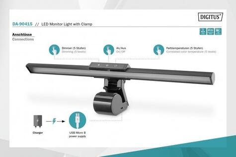 DIGITUS DA-90415 - monitor reading lamp - LED - 5 W - warm to cold white light - 3000-6500 K - black