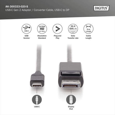 DIGITUS USB Type-C Gen 2 Adapterkabel, Type-C naar DP