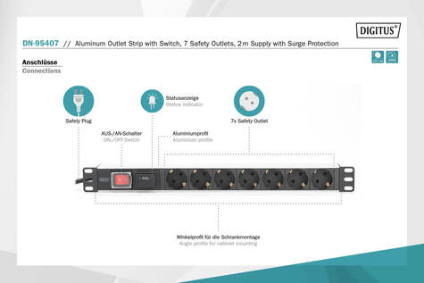 DIGITUS Stekkerdoos met aluminium profiel en schakelaar, 7-voudige contactdoos met randaarde, 2 m kabel met randaarde stekker