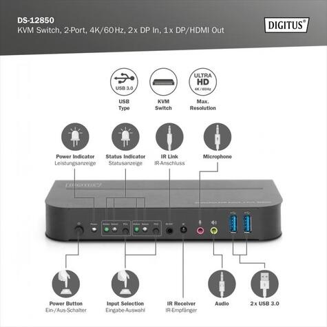 DIGITUS KVM-switch, 2-poorts, 4K60Hz, 2 x DP in, 1 x DP/HDMI uit