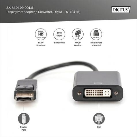 DIGITUS DisplayPort Adapterkabel DP - DVI (24+5) St/Bu 0,15m