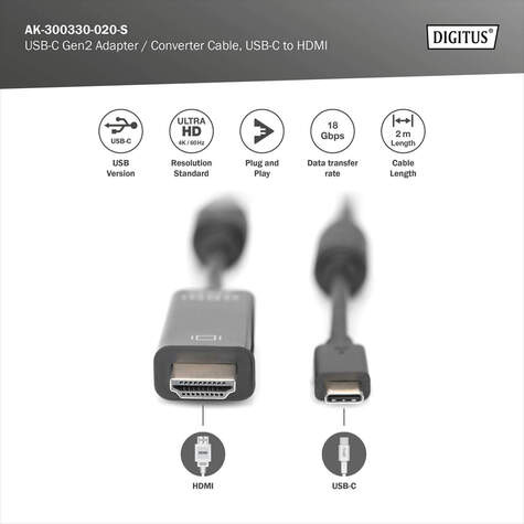DIGITUS USB Type-C Gen2 adapter / converter kabel, Type-C naar HDMI A - 2 m