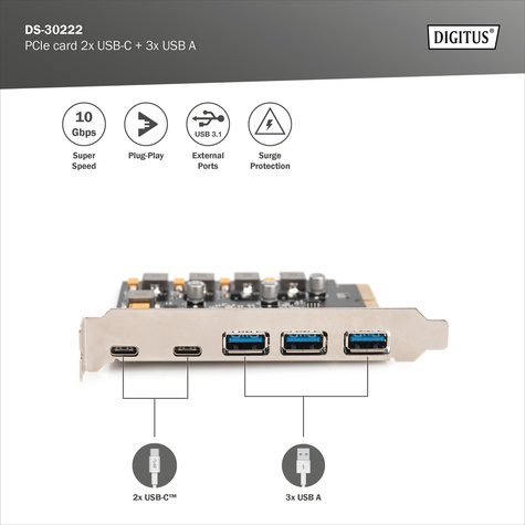 DIGITUS PCIe-kaart 2x USB-C + 3x USB-A