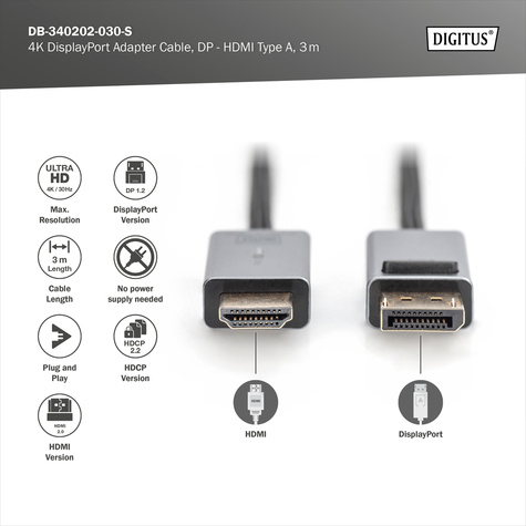 DIGITUS 4 K DisplayPort adapterkabel, DP - HDMI type A - 3 m