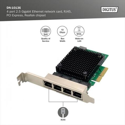 DIGITUS 4-poorts 2,5 Gigabit Ethernet-netwerkkaart, RJ45, PCI Express, Realtek chipset