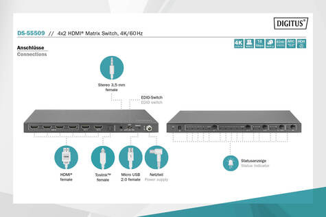 DIGITUS 4x2 HDMI matrixschakelaar, 4K/60Hz Scaler, EDID, ARC, HDCP 2.2, 18 Gbps