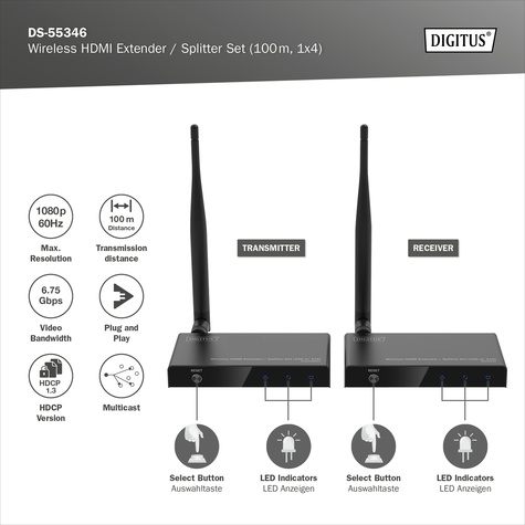 DIGITUS Wireless HDMI Extender/Splitter Set 100m,1x4,Full HD