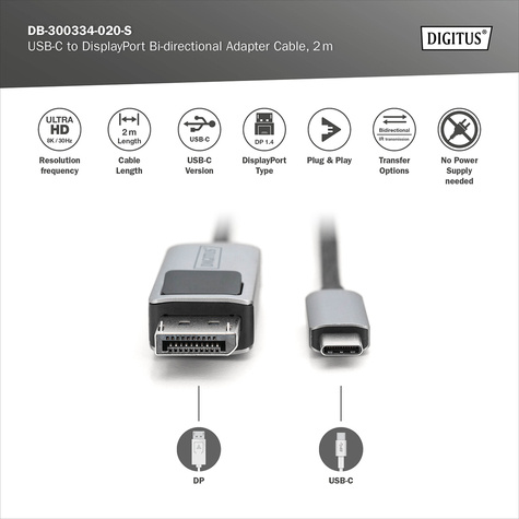 DIGITUS Video adapter cable - DisplayPort to 24 pin USB-C - 2 m