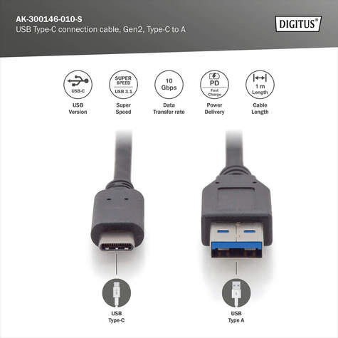 DIGITUS USB Type-C aansluitkabel, Gen2, Type-C naar A 1.0m