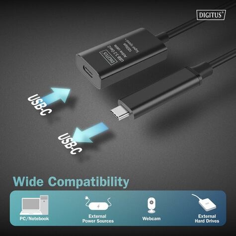 DIGITUS Actieve USB 3.2 Gen2 10G verlengkabel, USB-C - USB-C, 5m