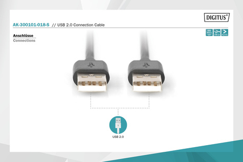DIGITUS USB 2.0-aansluitkabel, type A St/St 1,8 m, compatibel met USB 2.0, zwart